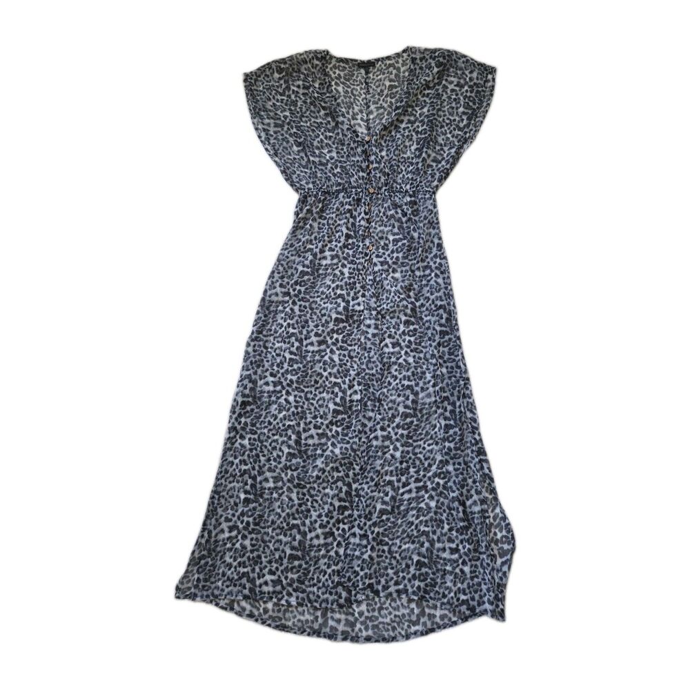Kendall + Kylie Gray Leopard Print Sheer Button Front Maxi Swim Cover Up M EUC